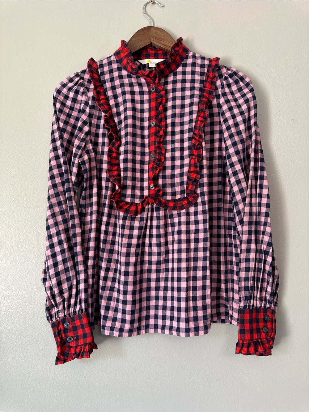 Boden Isla Gingham & Plaid Frill Blouse – Size US 4 / UK 8